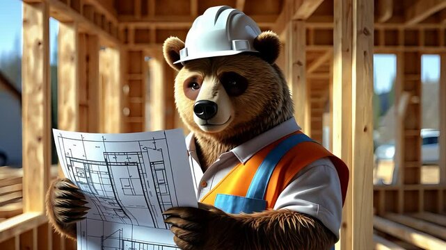 Bear Construction Worker Hardhat Blueprint Building Site Wooden Frame Safety Vest Job Scene