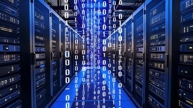 Data Center Interior Displaying Digital Binary Code Stream Over Rows Of Server Racks Against Dark Blue Background