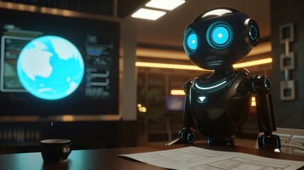 Friendly humanoid robot with glowing eyes working at desk with laptop in cozy office. Futuristic technology concept background