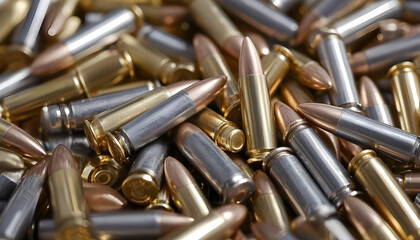 Close up of a large jumbled pile of silver and gold rifle ammunition cartridges