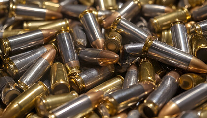 Close up of a large jumbled pile of silver and gold rifle ammunition cartridges