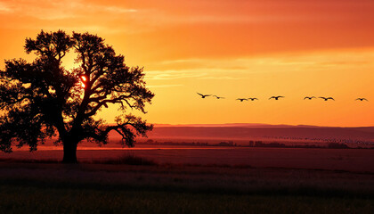 Silhouette of tree at sunset with flock of birds flying overhead  
