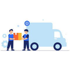 Efficient logistics scene showing teamwork in package delivery with global transportation and services