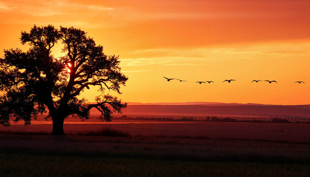Silhouette of tree at sunset with flock of birds flying overhead   - Powered by Adobe