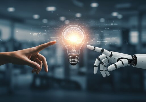 Human hand and robot hand reaching towards a glowing light bulb with a brain inside ai generated