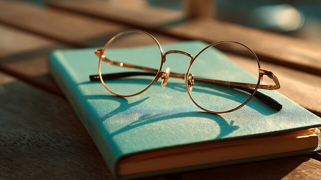 Round wire frame glasses resting on a textured teal book in warm sunlight - Powered by Adobe