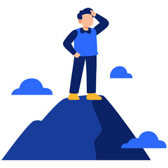 Adventurous explorer reaching a mountain summit while enjoying the vast scenic view under clear sky