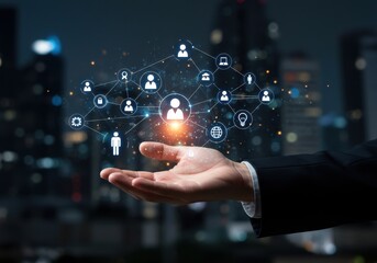Hand presenting network of people and technology icons with cityscape background ai generated