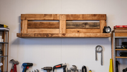 Wooden shelf mounted on wall in workshop with tools below  