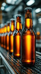 Bottles of amber beer on a production line in a brewery during the daytime