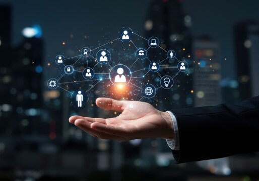 Hand presenting network of people and technology icons with cityscape background ai generated