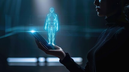 Futuristic holographic human figure projection from smartphone with digital interface technology