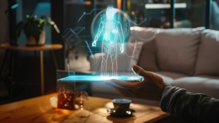 Futuristic holographic human figure projection from smartphone with digital interface technology