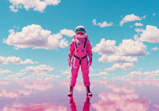 Pink astronaut stands on a reflective pink surface under a cloudy blue sky ai generated - Powered by Adobe