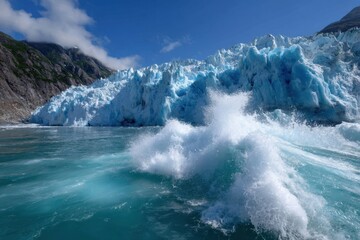 Fototapeta premium Glacier calving creates waves in a glacial lagoon under a clear blue sky