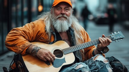 An artistic portrait of a bearded man in casual attire playing guitar on a bustling street, capturing the essence of creativity and passion in an urban environment.