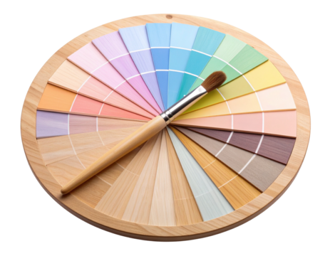 Minimalist Wooden Paint Palette with Pastel Colors and Fine Detail Brush isolated on transparent background PNG