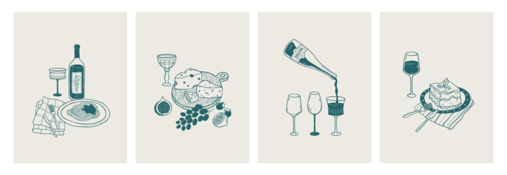 Hand drawn outline posters set of composition with Italian food and wine. Doodle illustrations with pasta, lasagna, cheese in sketch style. Vintage design for kitchen wall art, print, menu, interior