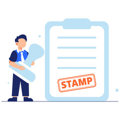 Creative businessman preparing to stamp a clipboard document, symbolizing official approval and validation process