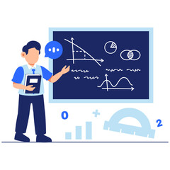 Engaging Teacher Explaining Concepts on Chalkboard with Graphs in a Modern Classroom Scene