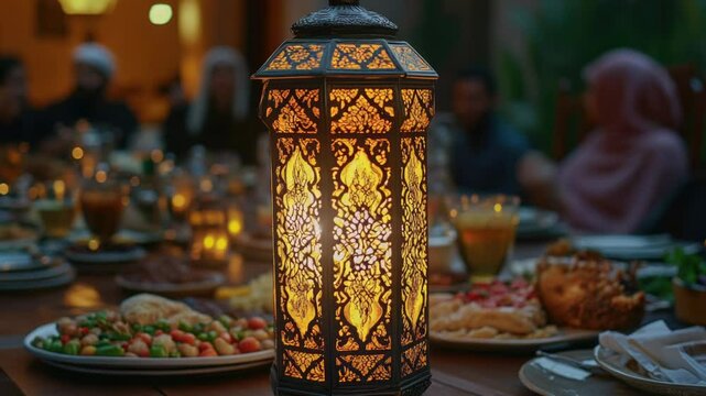 A still life image of a table with various dishes and a lantern providing warm light
