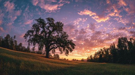 Fototapeta premium Wide-angle meadow view with ancient oak standing against radiant sky tones at twilight