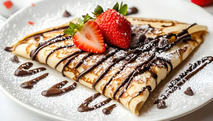 Delicious crepe with strawberry, chocolate and sugar powder Transparent background