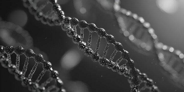 Close-up of DNA Helix, Macro Image of DNA Structure, Black and White Photograph of DNA Strand