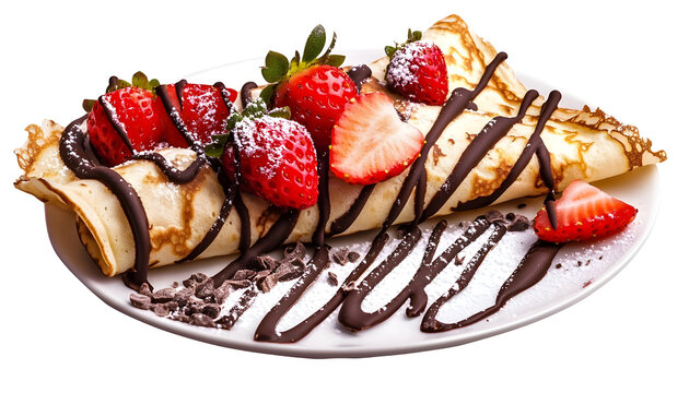 Delicious crepe with strawberry, chocolate and sugar powder Transparent background - Powered by Adobe