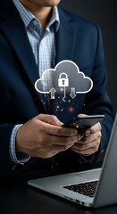 encrypted backup, and online access, ensuring secure remote file storage,Cloud storage and security technology for mobile data protection,confident businessman engages in secure mobile cloud access,