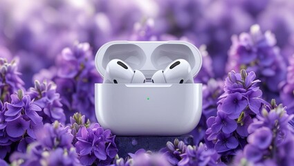 White Wireless Earbuds in Charging Case Against Purple Floral Background