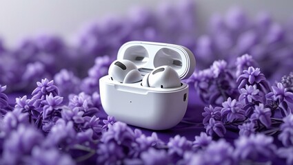 White Wireless Earbuds in Charging Case Against Purple Floral Background