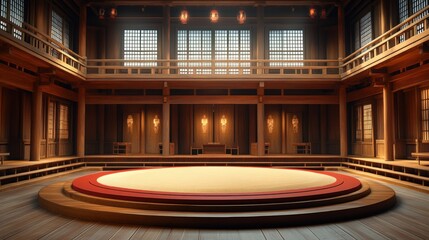 Traditional Japanese sumo wrestling arena with wooden interior, circular ring, and warm lighting.