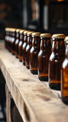 craft beer bottles lined on wooden plank.