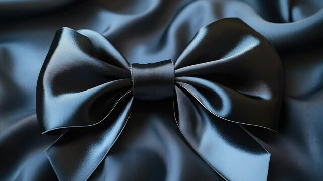 A close-up of a stylish black bow tie on a blue cloth, ideal for fashion and lifestyle photography
