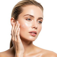 A serene woman with a towel wrapped around her head gently massages foaming cleanser into her skin on Isolated transparent background png. generated with AI