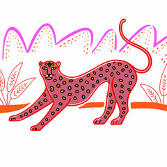 Pink Leopard Stretching in Illustrated Landscape