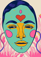 Smiling Woman Face Illustration, Colorful Art Print, Modern Art Portrait