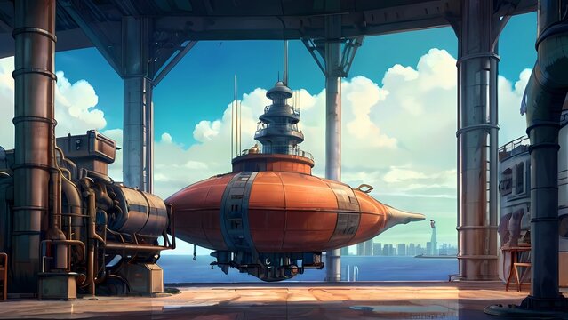 ゲーム背景　スチームパンク世界の工場ボイラーがある飛空艇