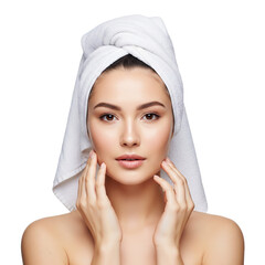 Beauty skin. Head and shoulders of blond woman model, touching glowing on Isolated transparent background png. generated with AI
