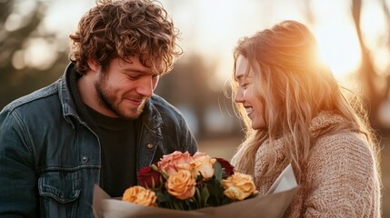 This touching image portrays a couple exchanging smiles while holding a beautiful bouquet of roses, symbolizing love, affection, and connection in a natural setting.