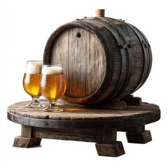 Two glasses of beer with frothy head sitting next to a rustic wooden barrel on a wooden stand. The scene evokes a sense of traditional brewing and craftsmanship. 
