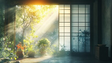 Sunlit Japanese Interior with Garden View and Tranquil Atmosphere