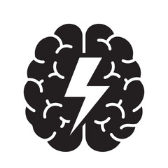 Flat black vector icon of human head and brain silhouette with lightning bolt inside, symbolizing burst of creativity, energy, and outline design PNG