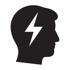 Flat black vector icon of human head and brain silhouette with lightning bolt inside, symbolizing burst of creativity, energy, and outline design PNG