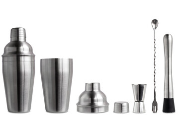 Metal shaker and bar tools for preparing sports and alcoholic cocktails isolated.