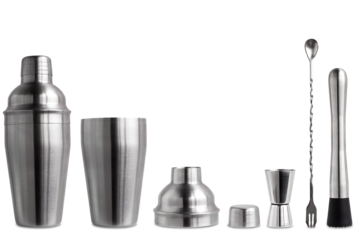 Metal shaker and bar tools for preparing sports and alcoholic cocktails isolated.
