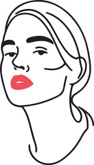 Minimalist line art portrait of a woman depicting elegance and style using bold outlines and red lips on a white background.