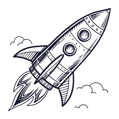 Hand-drawn Rocket Ship Launching into Space Illustration