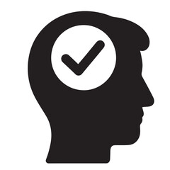 Flat black vector icon of human head and brain silhouette with checkmark inside, symbolizing mental clarity, decision, and outline design PNG